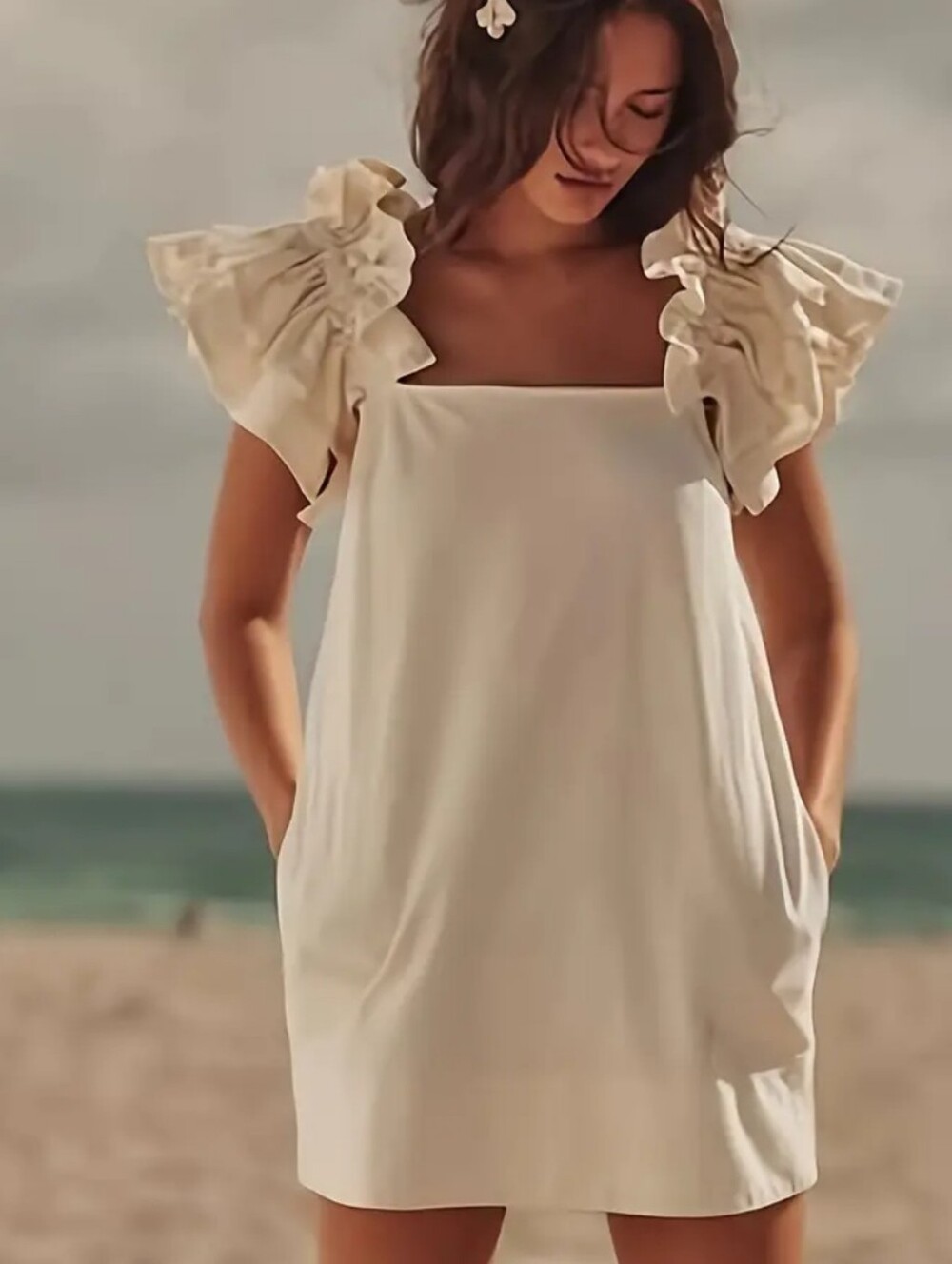 Beige Ruffle-Sleeve Square Neck Mini Dress